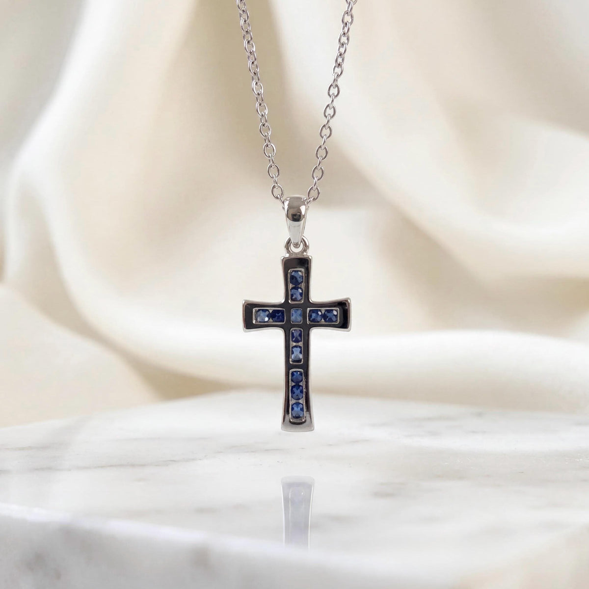 Genuine Sapphire Mini Tapered Cross Pendant in 18k Solid Gold
