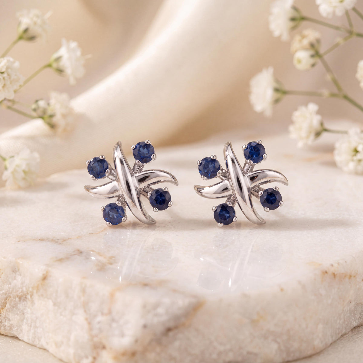 Genuine Sapphire Stud Earrings in 14k Solid White Gold