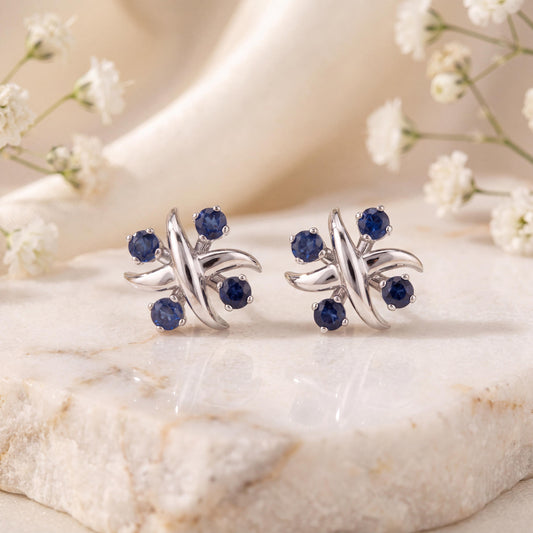 Genuine Sapphire Stud Earrings in 14k Solid White Gold