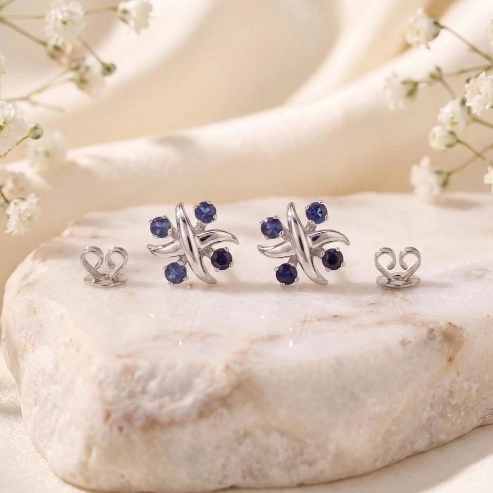 Genuine Sapphire Stud Earrings in 14k Solid White Gold