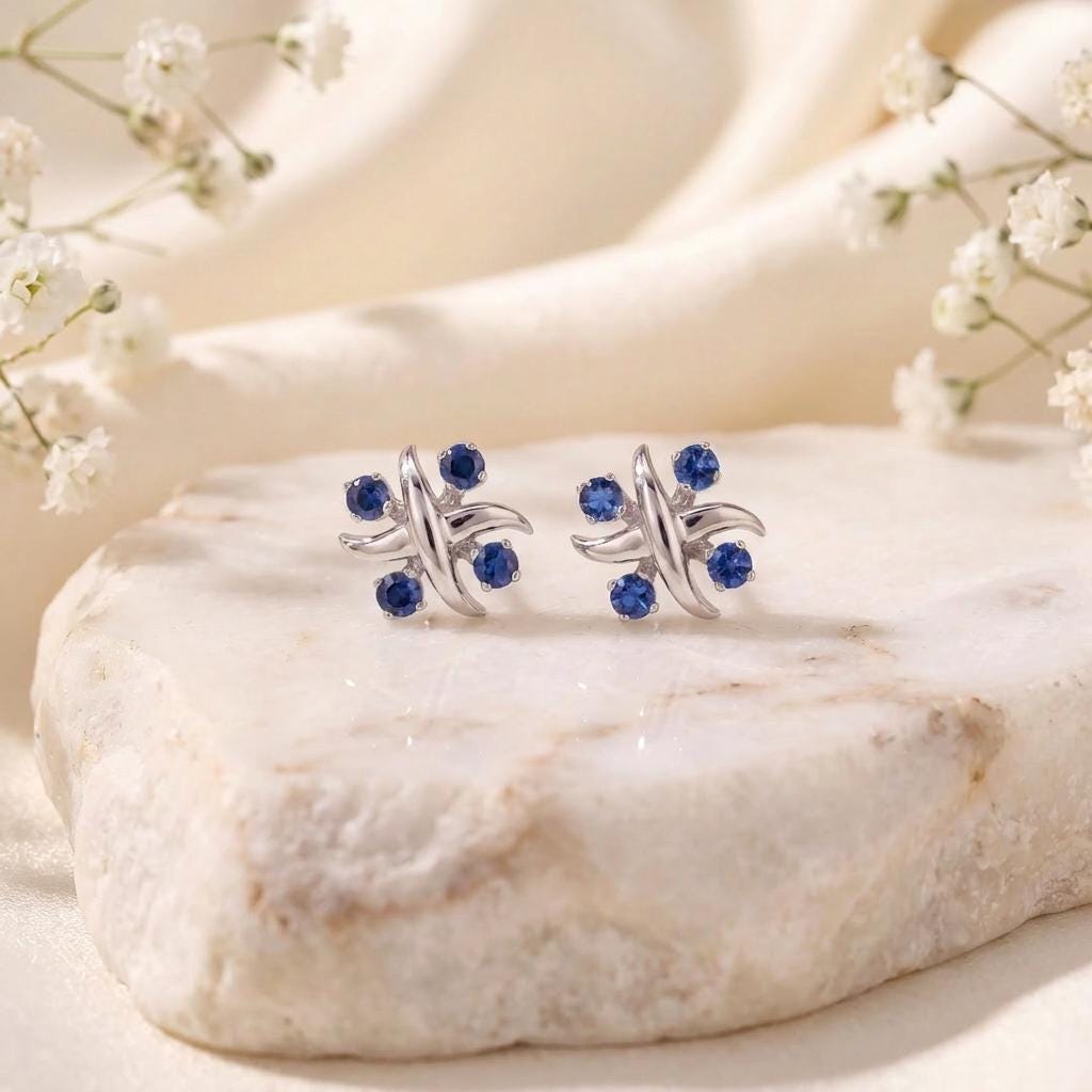 Genuine Sapphire Stud Earrings in 14k Solid White Gold