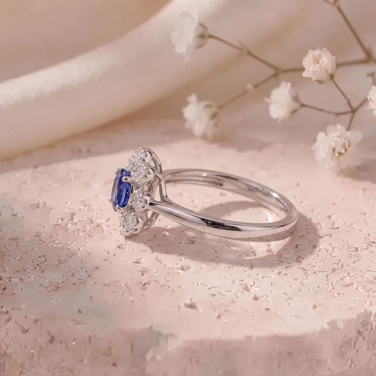 Genuine Sapphire and Diamond Ring｜14k Solid White Gold