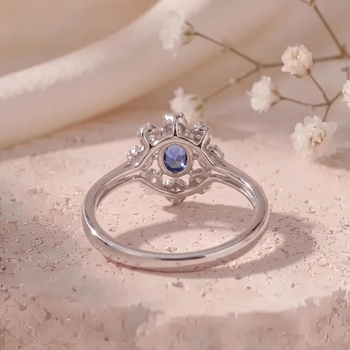 Genuine Sapphire and Diamond Ring｜14k Solid White Gold