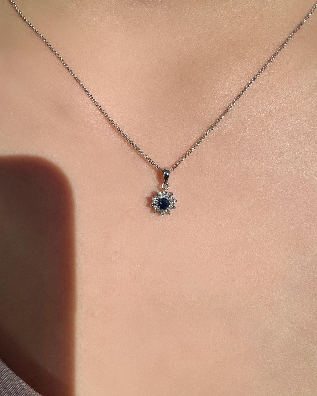 Genuine Sapphire and Diamond Sun Halo Pendant Necklace, 18k Solid White Gold, September Birthstone, Gift for Her