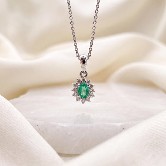 Genuine Oval Cut Emerald and Diamond Solaris Pendant in 18k Solid White Gold