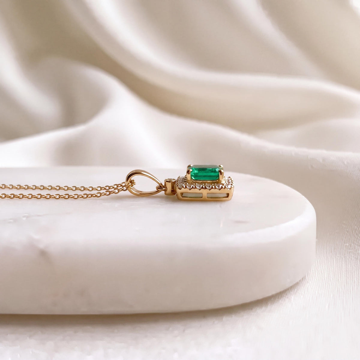 Genuine Oval Cut Emerald and Diamond Prism Pendant / 14k Solid Gold