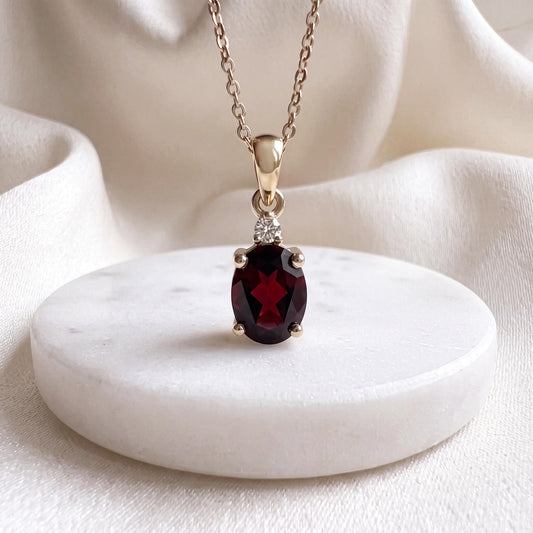 Genuine Garnet and Diamond Oval Cut Pendant / 14k Solid Gold
