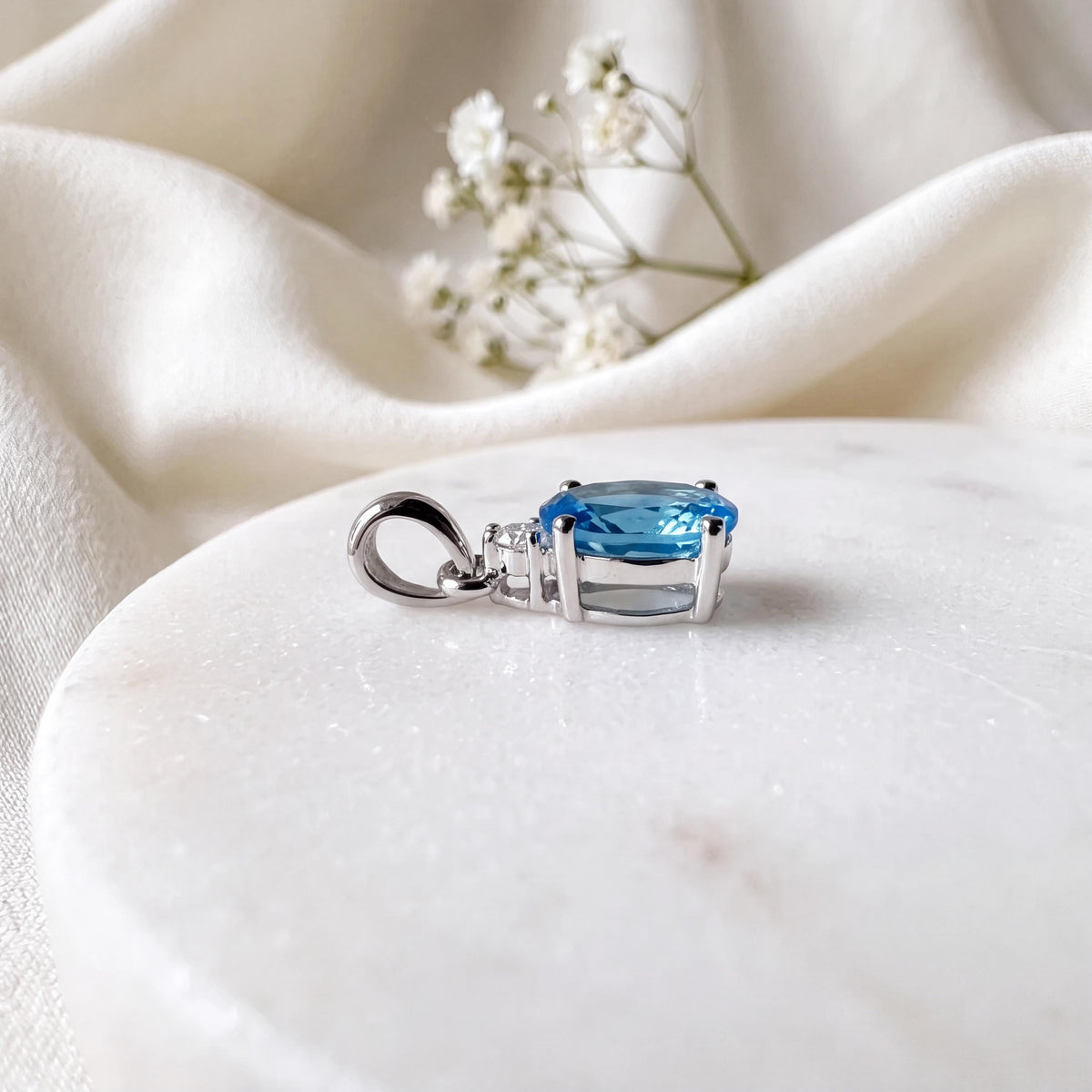 Genuine Blue Topaz and Diamond Oval Cut Pendant / 14k Solid Gold