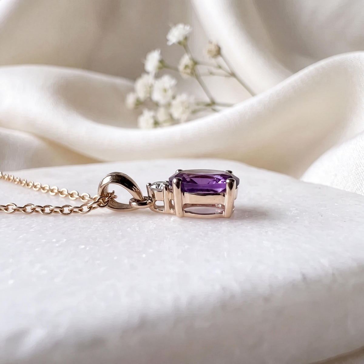 Genuine Amethyst and Diamond Oval Cut Pendant | 14k Solid Gold
