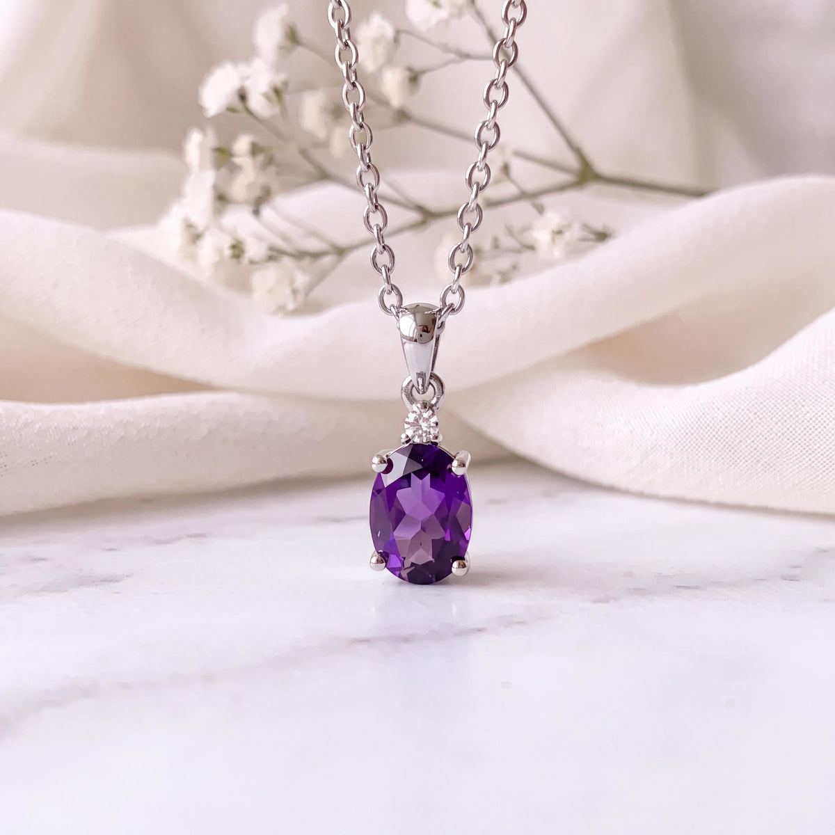Genuine Amethyst and Diamond Oval Cut Pendant | 14k Solid Gold