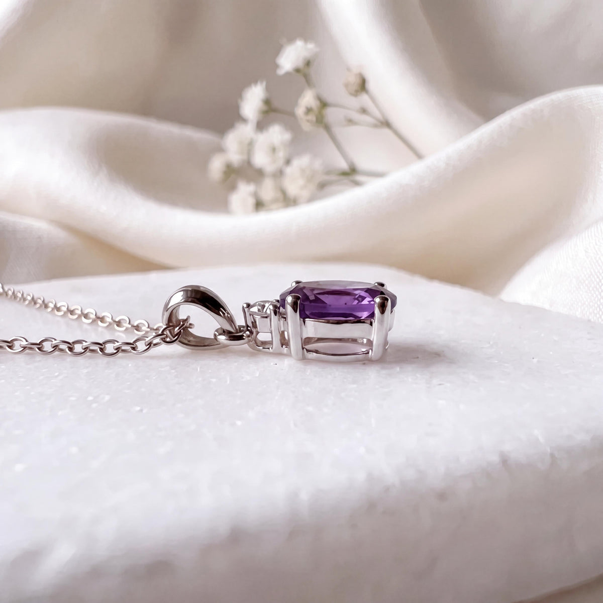Genuine Amethyst and Diamond Oval Cut Pendant | 14k Solid Gold