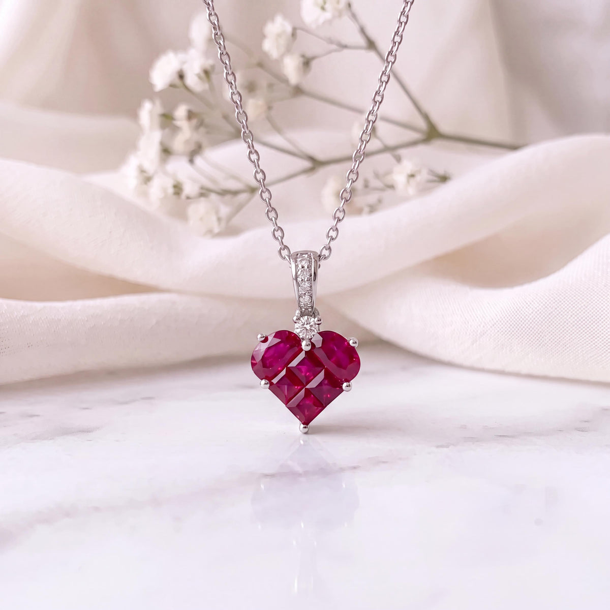 Genuine Ruby and Diamond Heart Pendant in 18k Solid White Gold