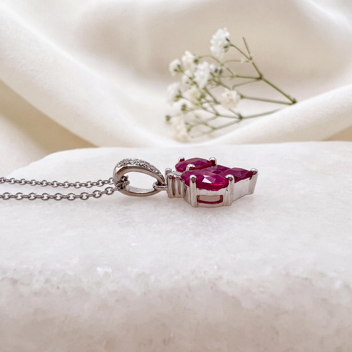 Genuine Ruby and Diamond Heart Pendant in 18k Solid White Gold