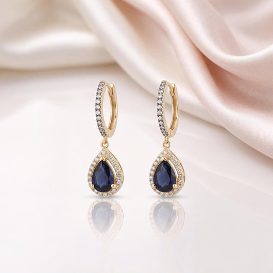 Genuine Sapphire and Diamond Teardrop Huggies in 14k Solid Gold