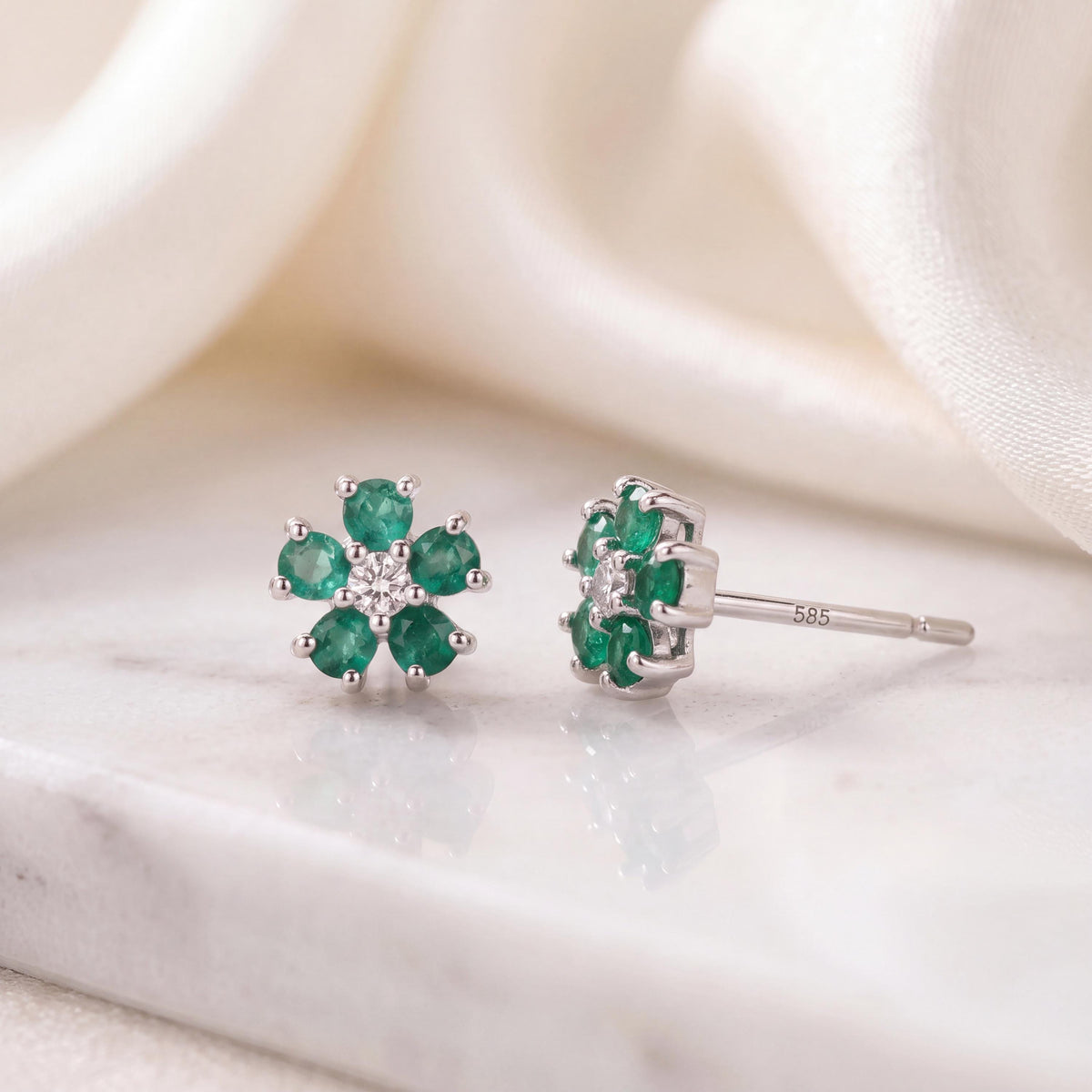 Genuine Emerald and Diamond Flower Stud Earrings in 14k Solid Gold