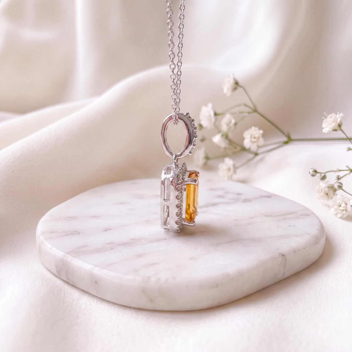 Citrine Diamond Pendant, Genuine Emerald Cut, 14k Solid White Gold Necklace, November Birthstone, Gift for Her