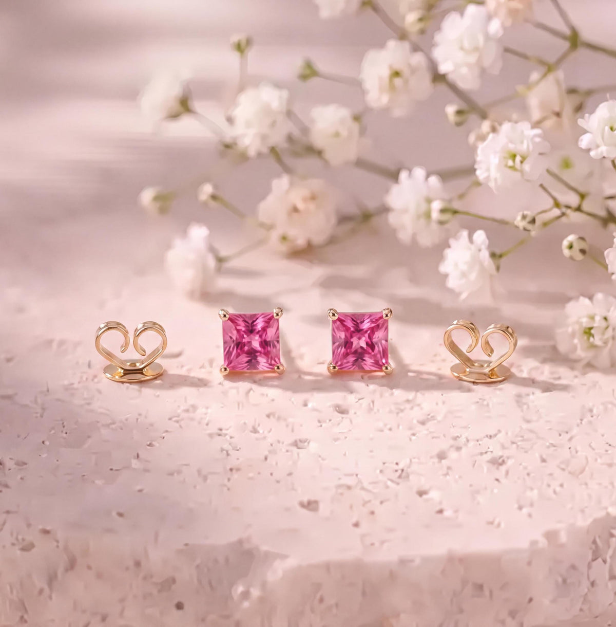 Genuine Pink Sapphire Princess Cut Stud Earrings / 18k Solid Gold / 14k Solid Gold