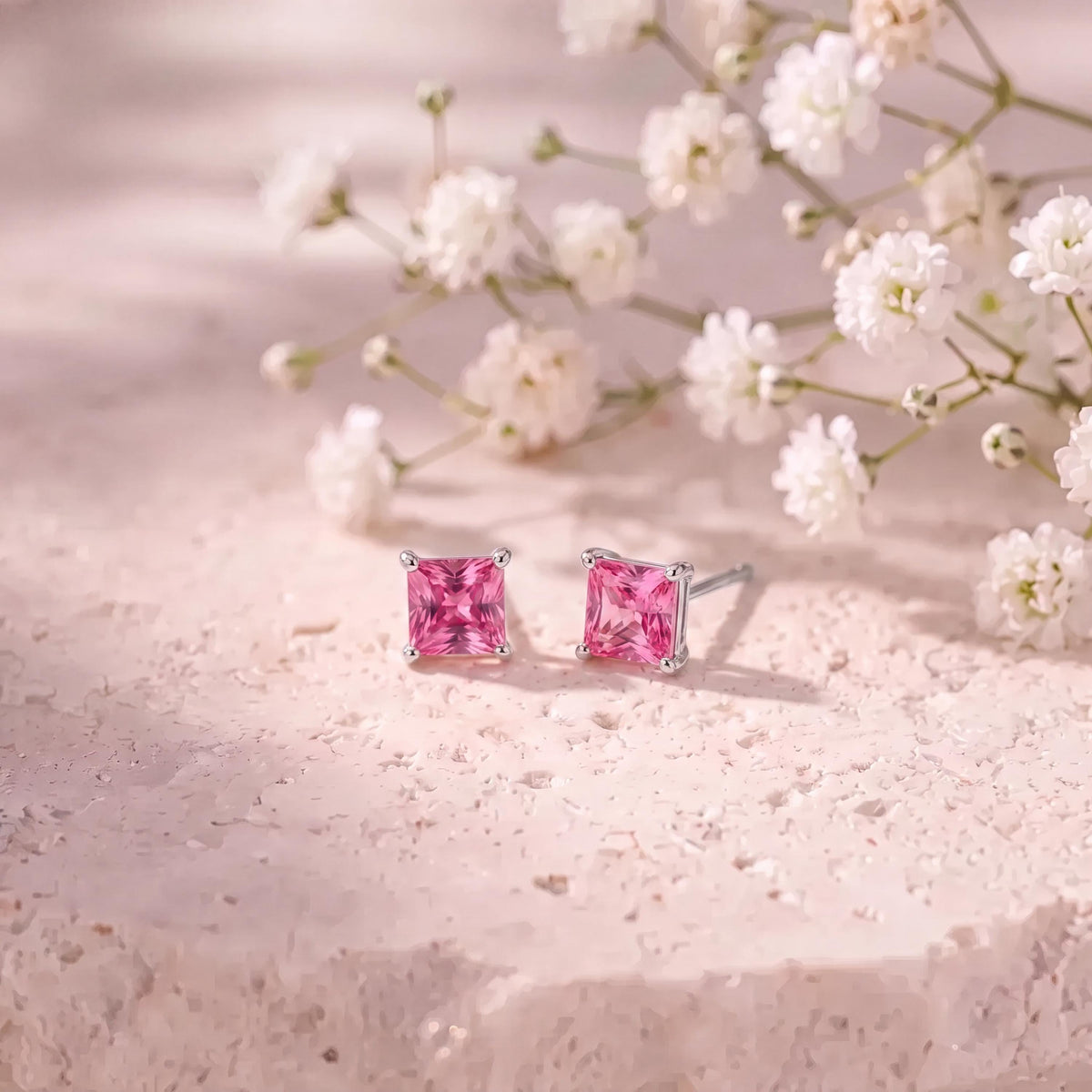 Genuine Pink Sapphire Princess Cut Stud Earrings / 18k Solid Gold / 14k Solid Gold