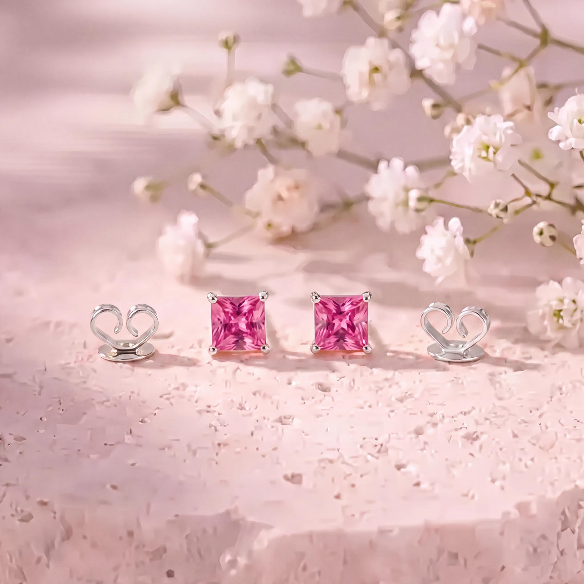 Genuine Pink Sapphire Princess Cut Stud Earrings / 18k Solid Gold / 14k Solid Gold