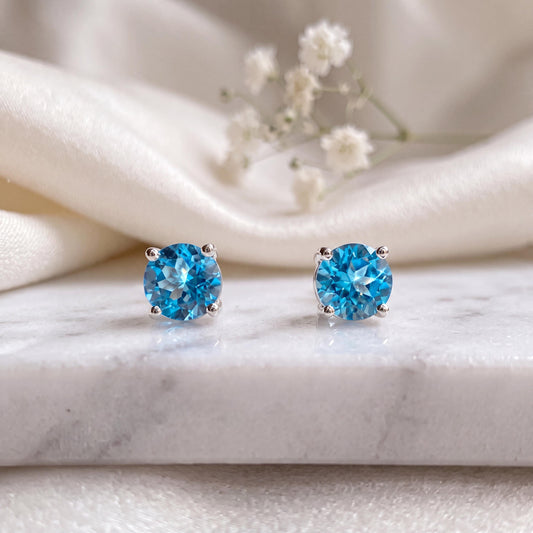 Genuine Blue Topaz 4.7 mm Round Stud Earrings in 14k Solid Gold