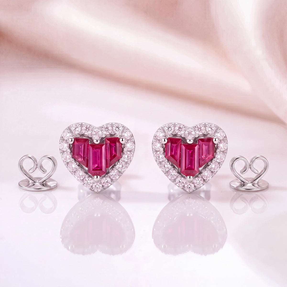 Genuine Ruby and Diamond Heart Earrings in 14k Solid Gold
