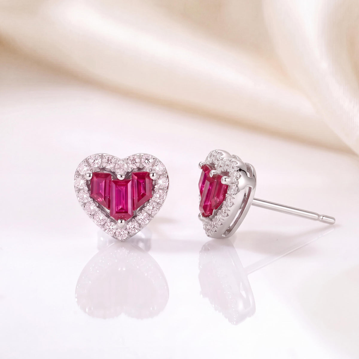 Genuine Ruby and Diamond Heart Earrings in 14k Solid Gold