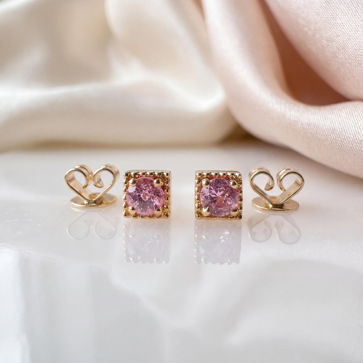 Genuine Pink Sapphire Round Stud Earrings, Square Gold Trim in 14k and 18k Solid Gold