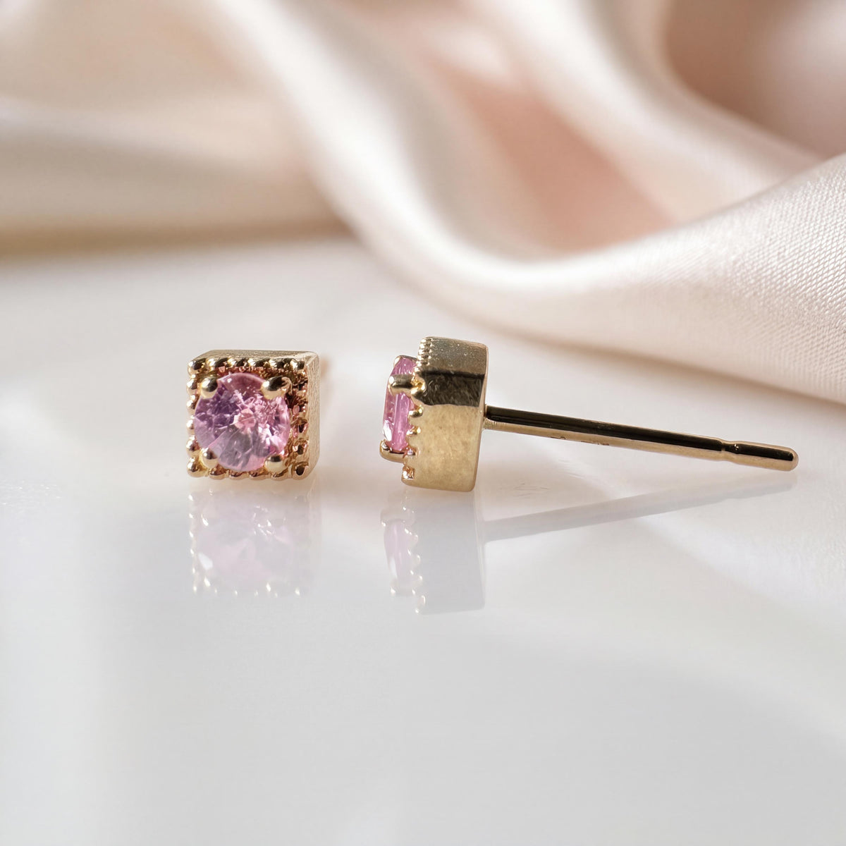 Genuine Pink Sapphire Round Stud Earrings, Square Gold Trim in 14k and 18k Solid Gold