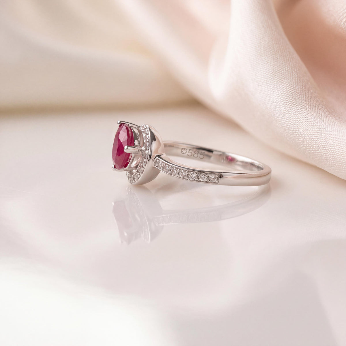 Genuine Ruby and Diamond Teardrop Ring in 14k White Gold