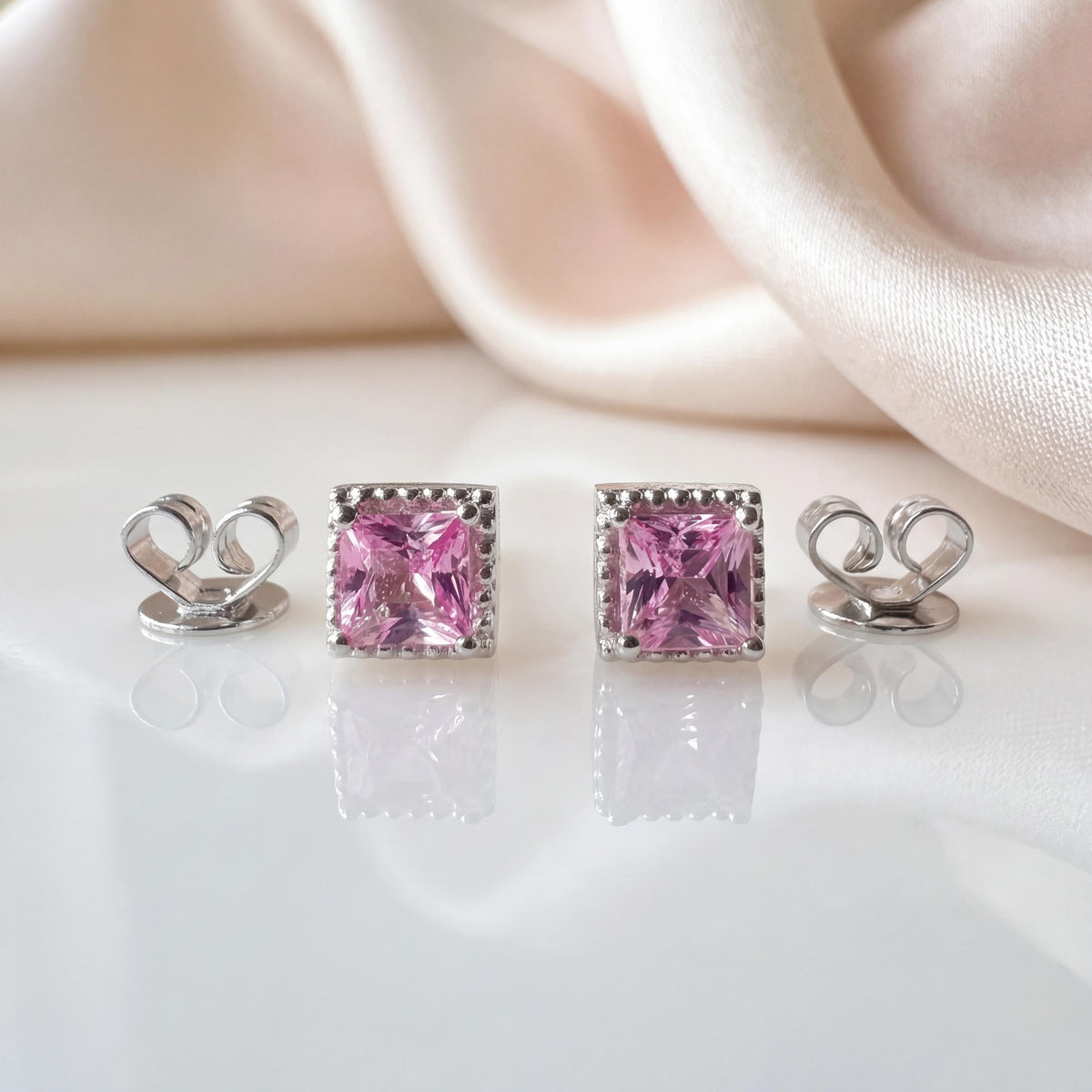 Genuine Pink Sapphire Princess Cut Stud Earrings, 14k Solid Gold, September Birthstone