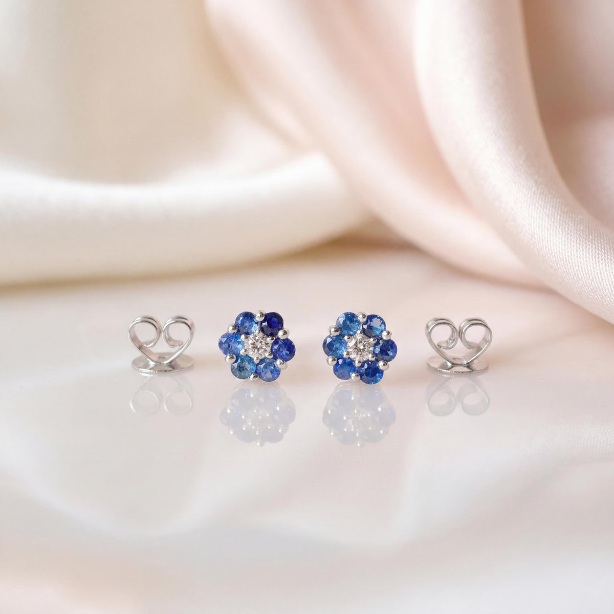 Genuine Sapphire and Diamond Flower Stud Earrings in 14k Solid Gold