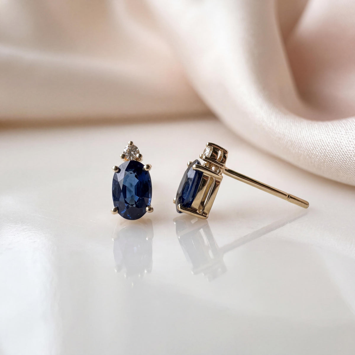 Genuine Sapphire and Diamond Oval Stud Earrings in 14k and 18k Solid Gold