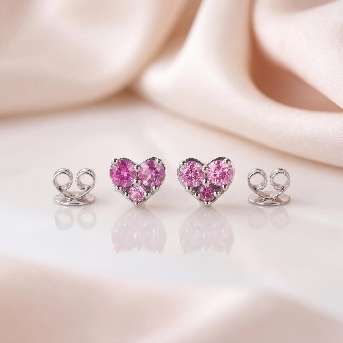 Natural Pink Sapphire Studs / 14k Solid Gold Heart Earrings