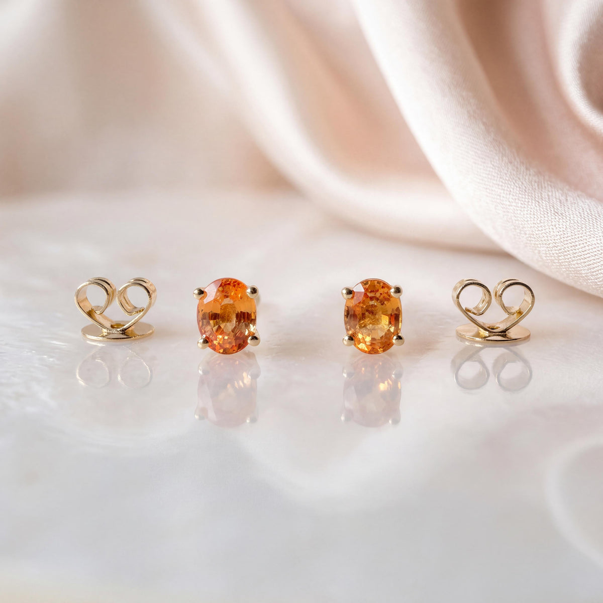 Genuine Orange Sapphire Oval Cut Stud Earrings in 14K Solid Gold
