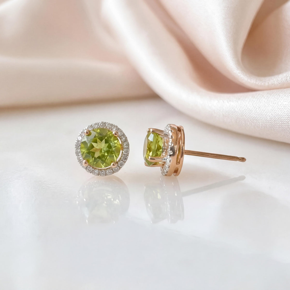 Genuine Peridot and Diamond Round Stud Earrings in 14k Solid Gold