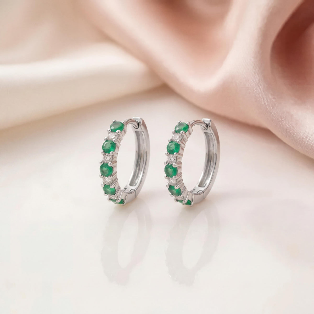 Emerald and Diamond Huggie Hoop Earrings | 14k Solid Gold and 18k Solid White Gold