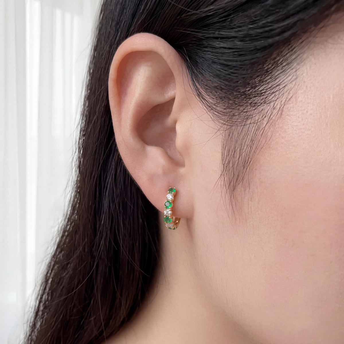 Emerald and Diamond Huggie Hoop Earrings | 14k Solid Gold and 18k Solid White Gold