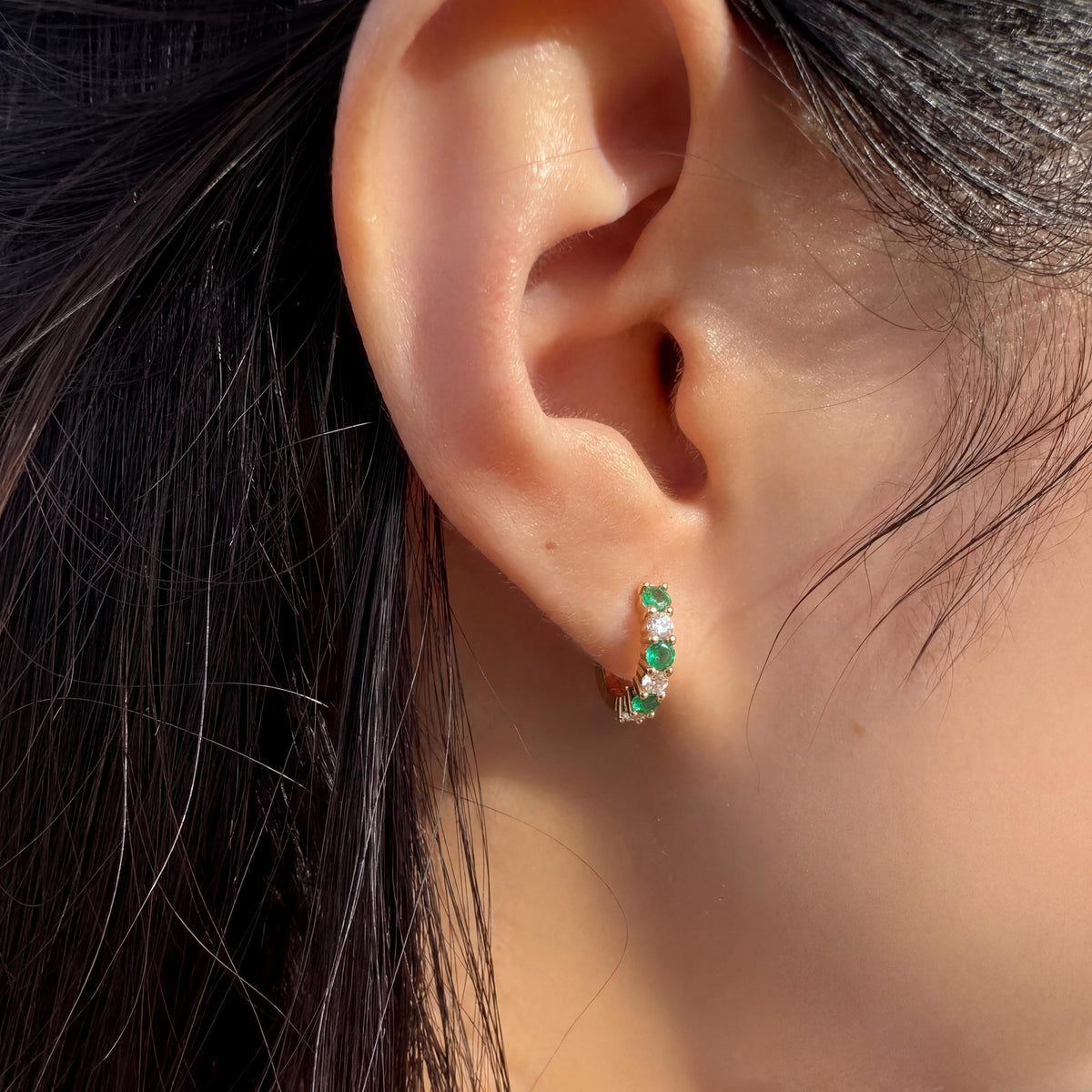 Emerald and Diamond Huggie Hoop Earrings | 14k Solid Gold and 18k Solid White Gold