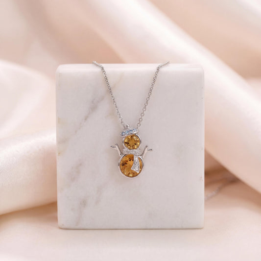 Genuine Citrine Snowman Pendant with Sapphire & Diamond | 18k Solid Gold