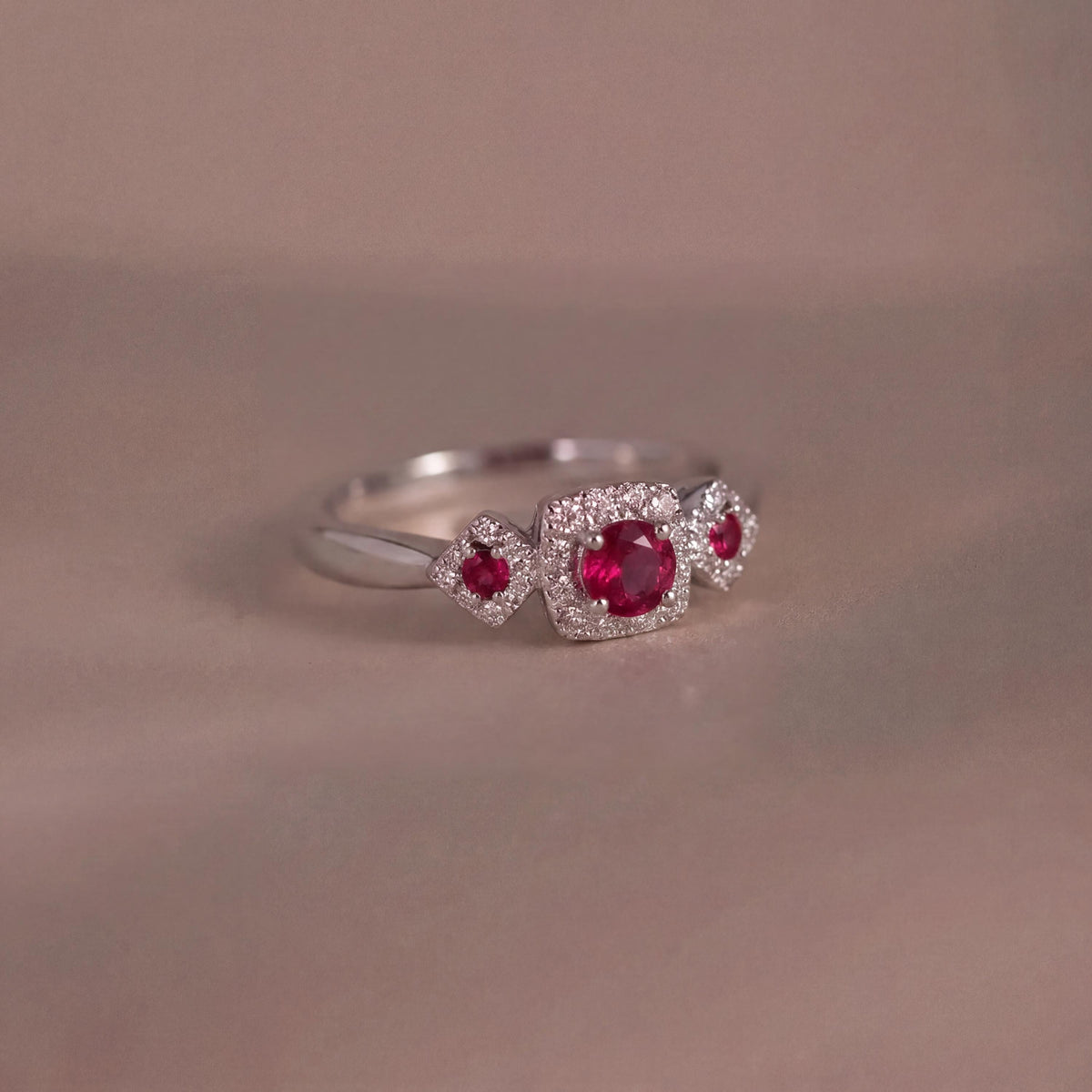 Genuine Ruby and Trio Diamond Ring | 14k Solid White Gold