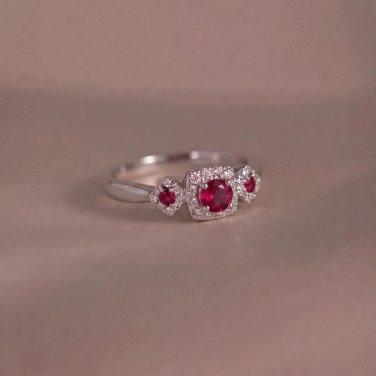 Genuine Ruby and Trio Diamond Ring | 14k Solid White Gold