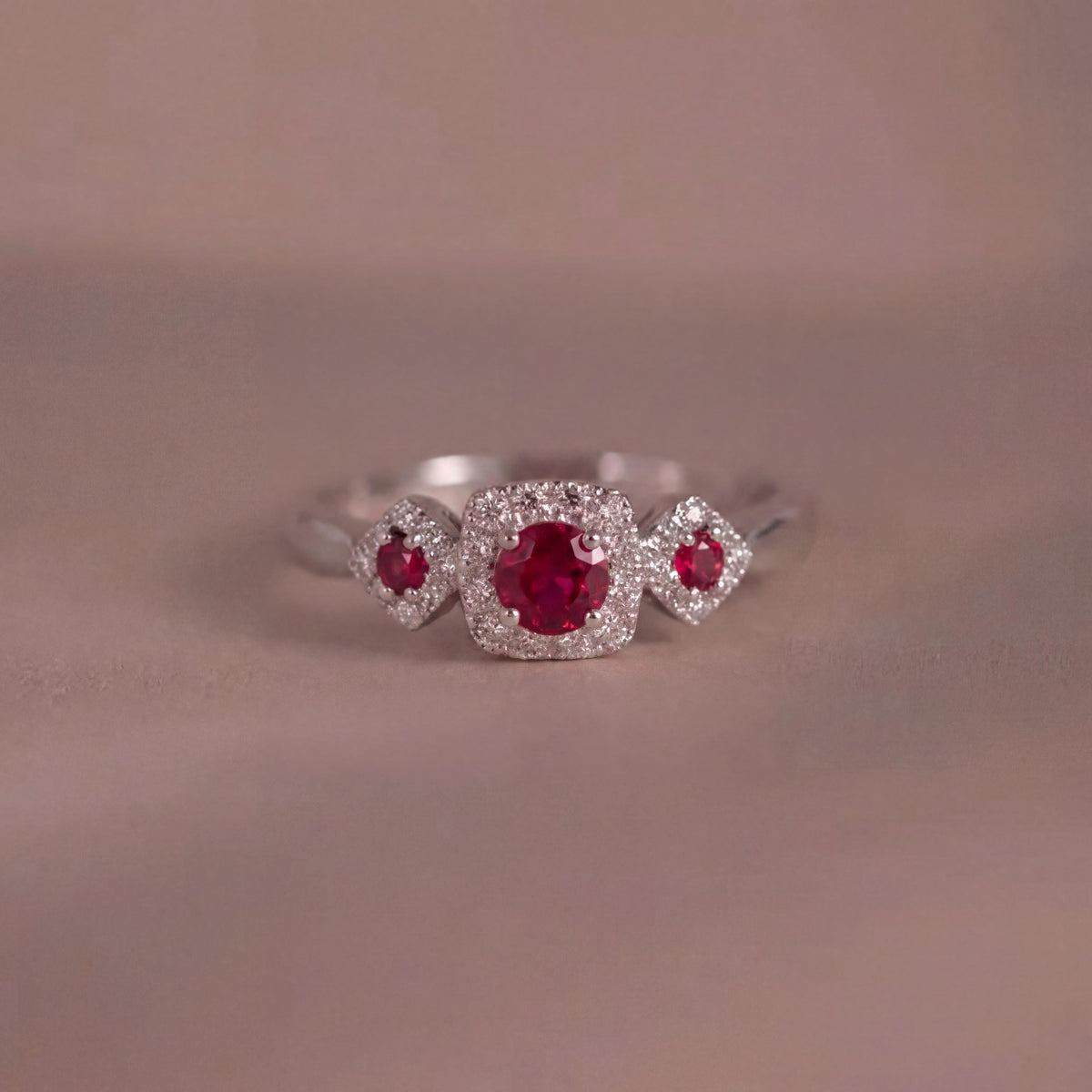 Genuine Ruby and Trio Diamond Ring | 14k Solid White Gold