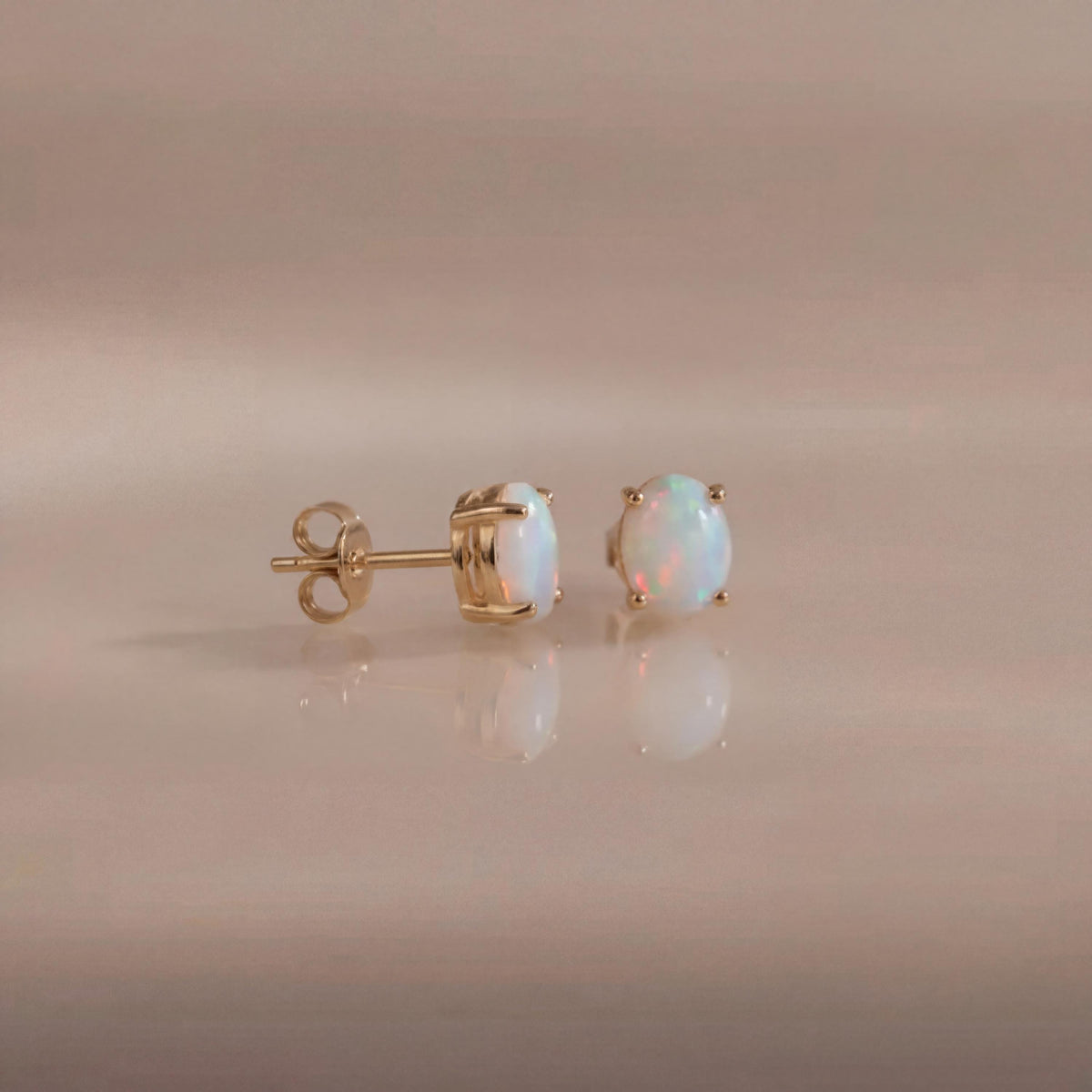 Genuine Opal Oval Cut Solitaire Stud Earrings in 14k Solid Gold