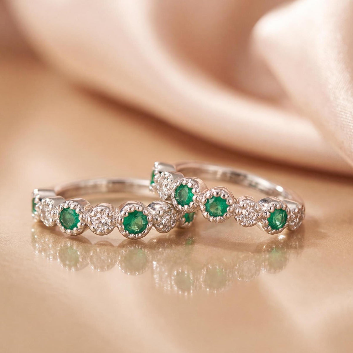 Genuine Emerald and Diamond Medium Hoop Earrings in 14k Solid Gold