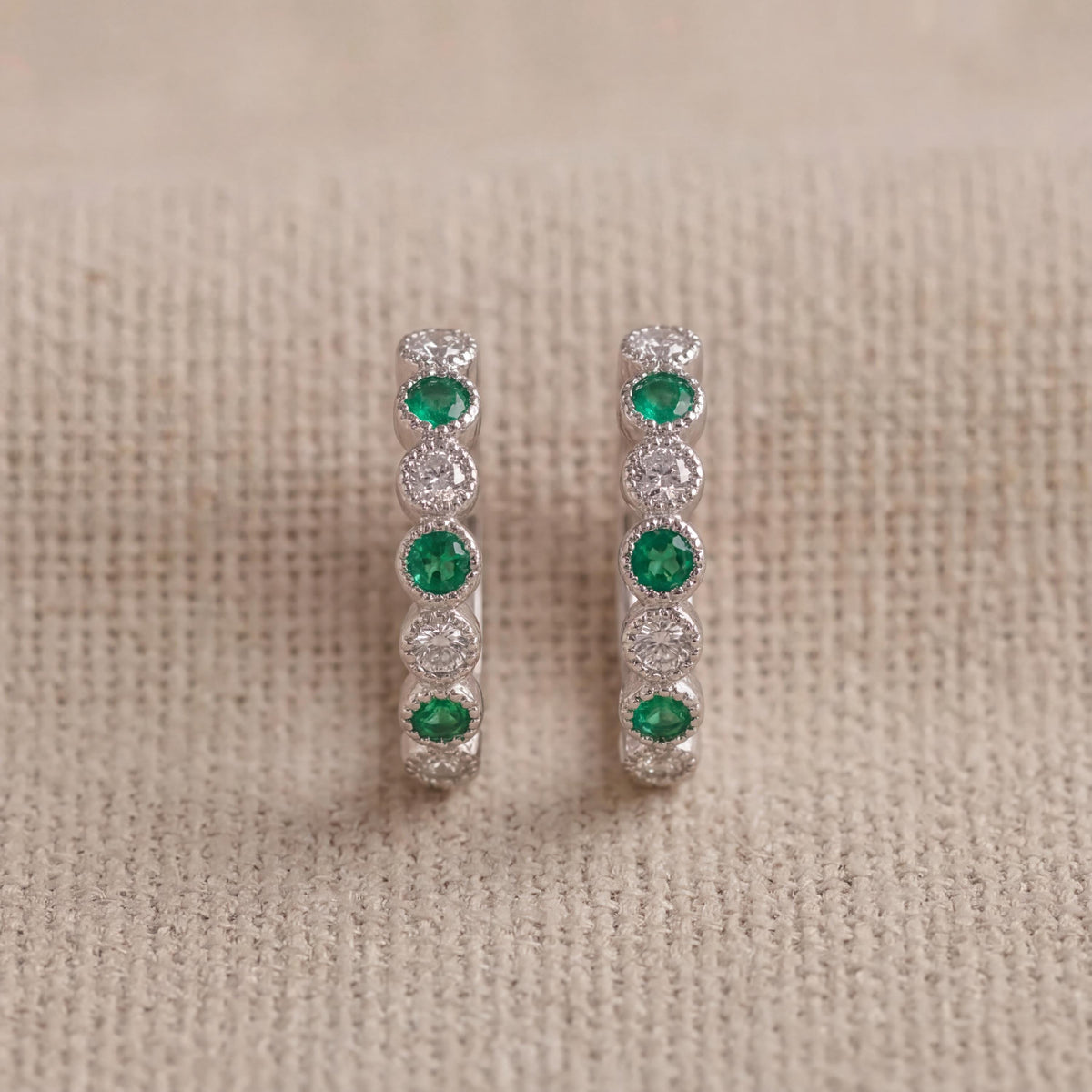 Genuine Emerald and Diamond Medium Hoop Earrings in 14k Solid Gold