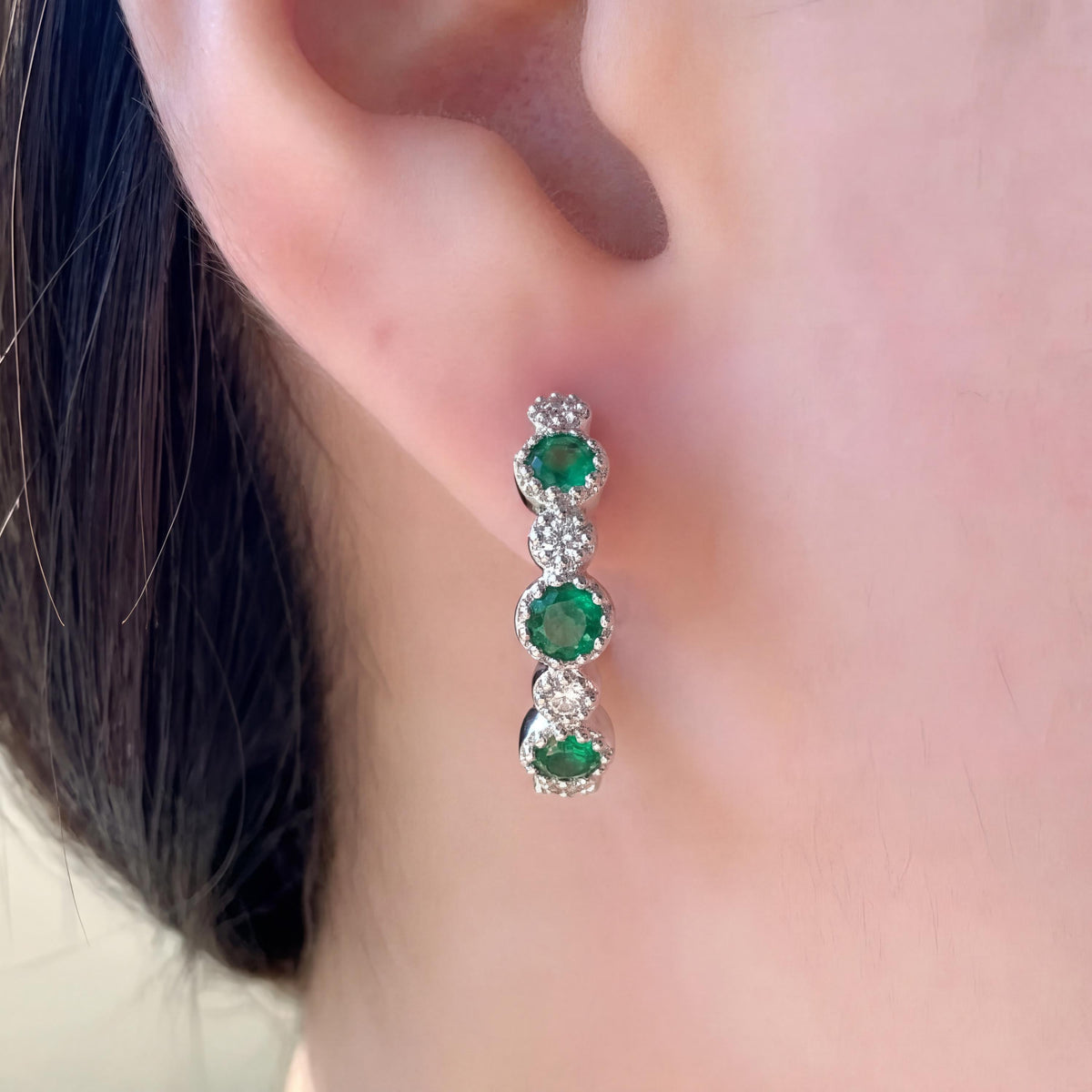 Genuine Emerald and Diamond Medium Hoop Earrings in 14k Solid Gold