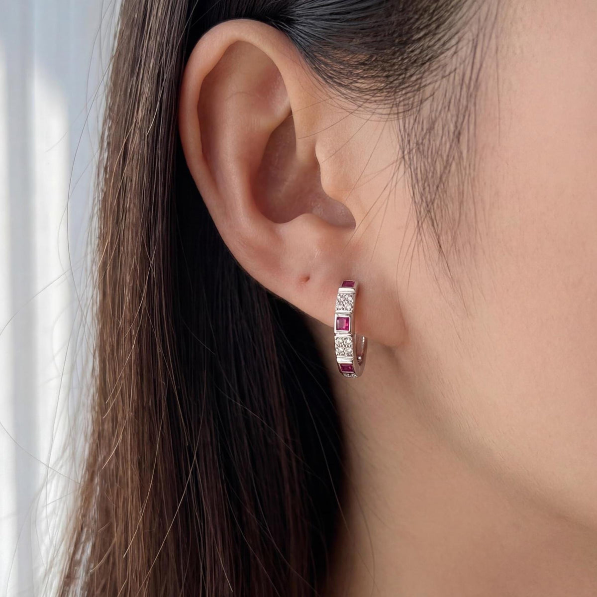 Genuine Ruby and Diamond Eternity Square Hoop Earrings in 14k Solid Gold