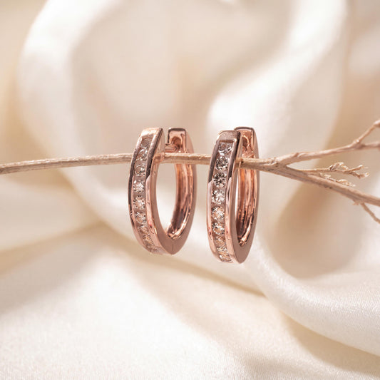 Genuine Diamond Round Cut Huggie Hoop Earrings in 14k Solid Rose Gold