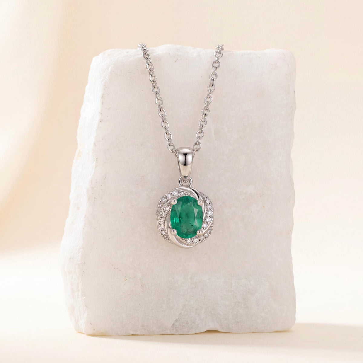 Genuine Oval Emerald and Diamond Pendant in 14k Solid White Gold