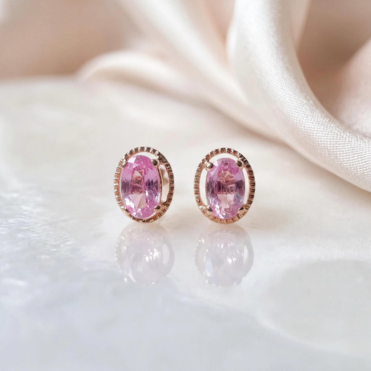 Genuine Pink Sapphire Oval Stud Earrings in 18k Solid Gold